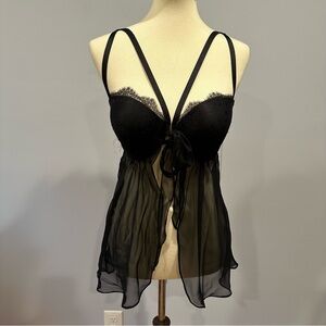 NWT Vintage Victoria’s Secret Black Sheer 36D Padded Bra Top Front Open Lingerie